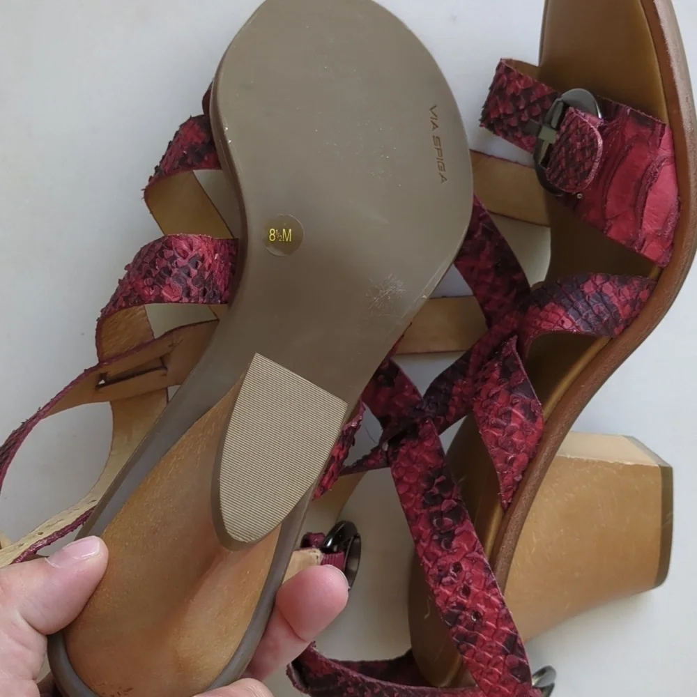 Via Spiga Red Snake Print Boho Leather Wooden Block Heel Comfy Sandals Sz 8.5